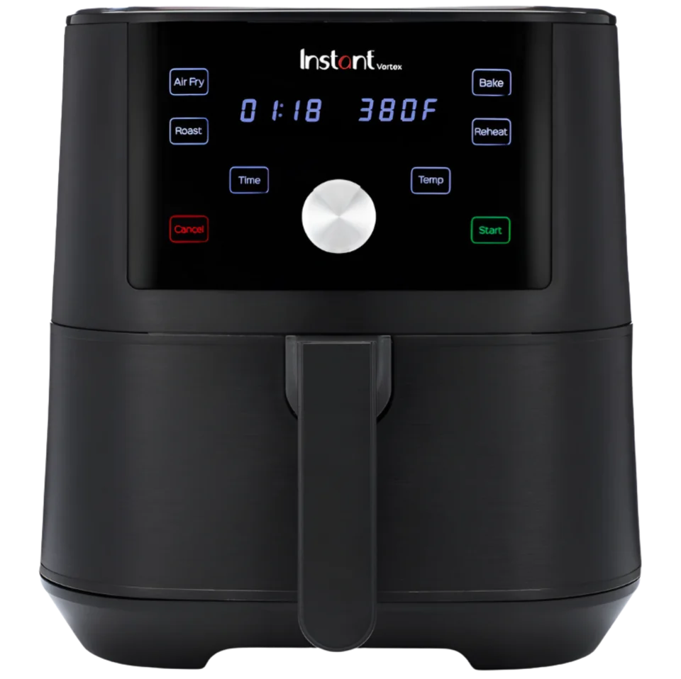 Instant Vortex Plus 6 Qt, vista frontal con el panel de control digital mostrando 380F